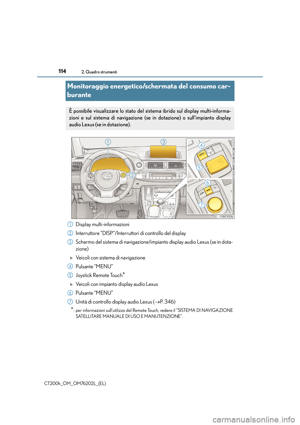 Lexus CT200h 2016  Manuale del proprietario (in Italian) 1142. Quadro strumenti
CT200h_OM_OM76202L_(EL)
Monitoraggio energetico/schermata del consumo car-
burante
Display multi-informazioni
Interruttore “DISP”/Interruttori di controllo del display
Scher