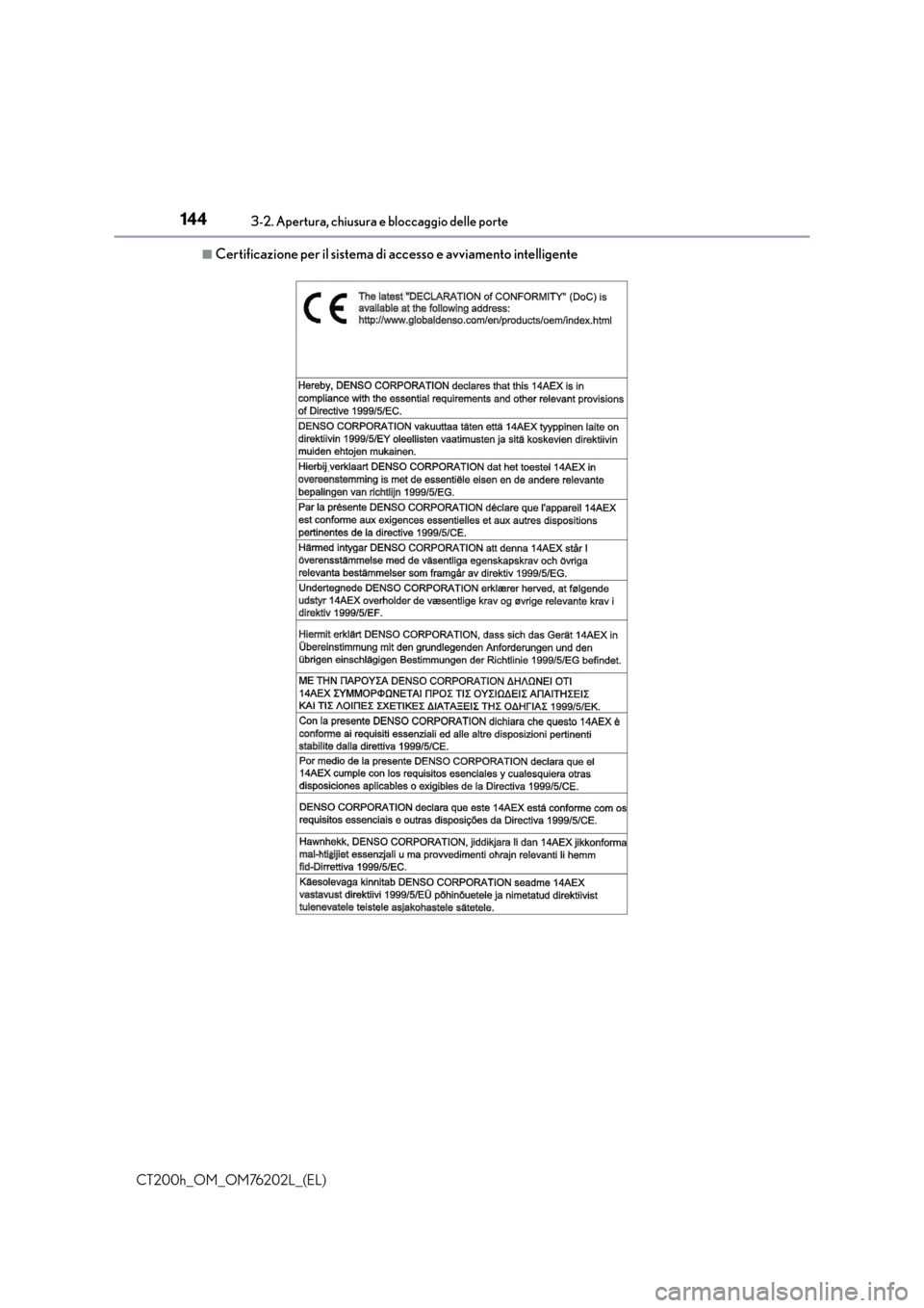 Lexus CT200h 2016  Manuale del proprietario (in Italian) 1443-2. Apertura, chiusura e bloccaggio delle porte
CT200h_OM_OM76202L_(EL)
■Certificazione per il sistema di accesso e avviamento intelligente 