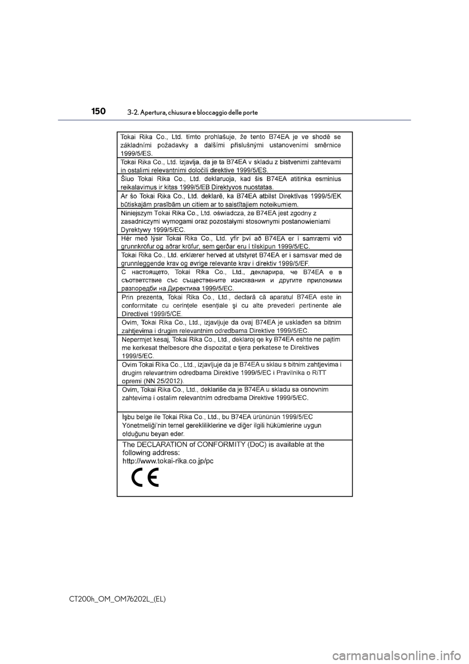 Lexus CT200h 2016  Manuale del proprietario (in Italian) 1503-2. Apertura, chiusura e bloccaggio delle porte
CT200h_OM_OM76202L_(EL) 