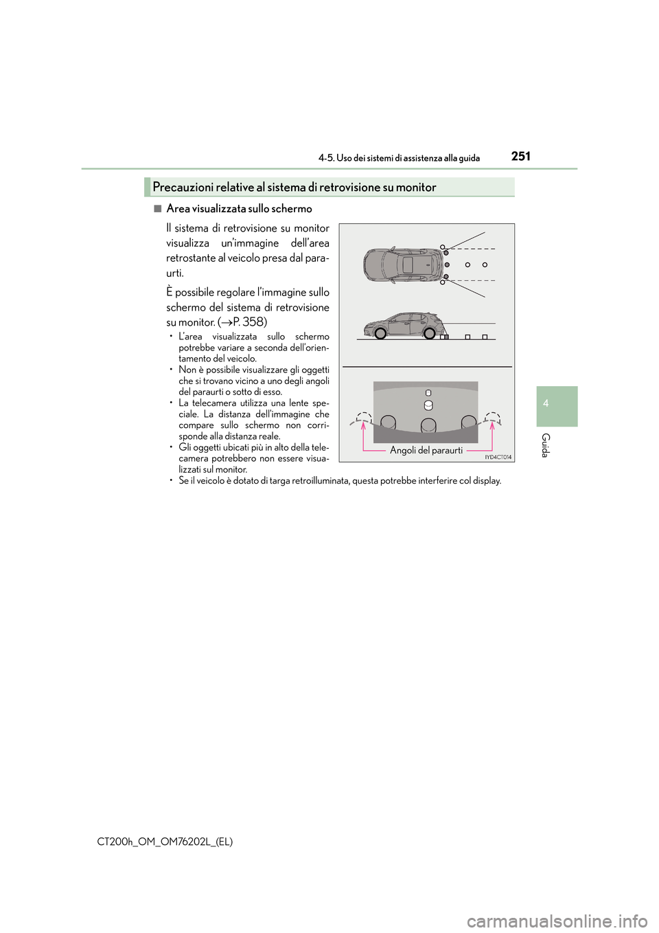 Lexus CT200h 2016  Manuale del proprietario (in Italian) 2514-5. Uso dei sistemi di assistenza alla guida
4
Guida
CT200h_OM_OM76202L_(EL)■
Area visualizzata sullo schermo
Il sistema di retrovisione su monitor
visualizza un’immagine dell’area
retrostan