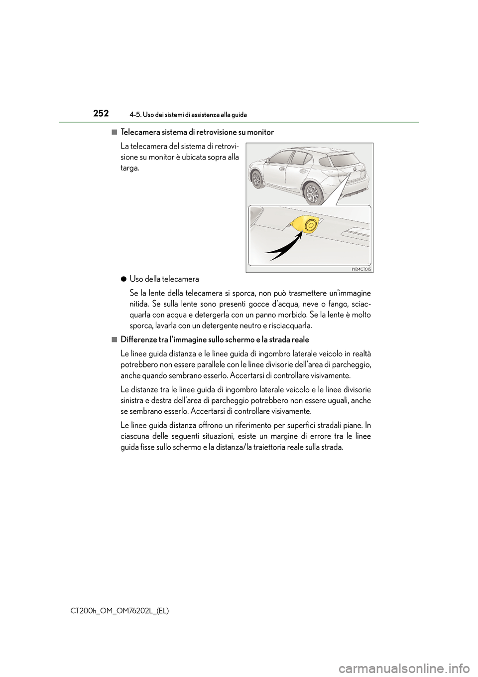 Lexus CT200h 2016  Manuale del proprietario (in Italian) 2524-5. Uso dei sistemi di assistenza alla guida
CT200h_OM_OM76202L_(EL)■
Telecamera sistema di retrovisione su monitor
La telecamera del sistema di retrovi-
sione su monitor è ubicata sopra alla
t