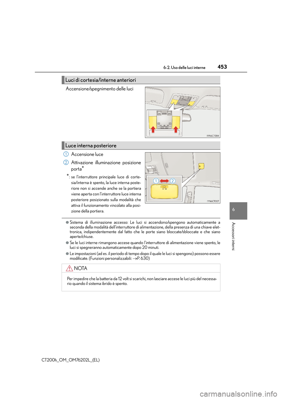 Lexus CT200h 2016  Manuale del proprietario (in Italian) 4536-2. Uso delle luci interne
CT200h_OM_OM76202L_(EL)
6
Accessori interni
Accensione/spegnimento delle luciAccensione luce
Attivazione illuminazione posizione
porta
*
*
: se l’interruttore principa
