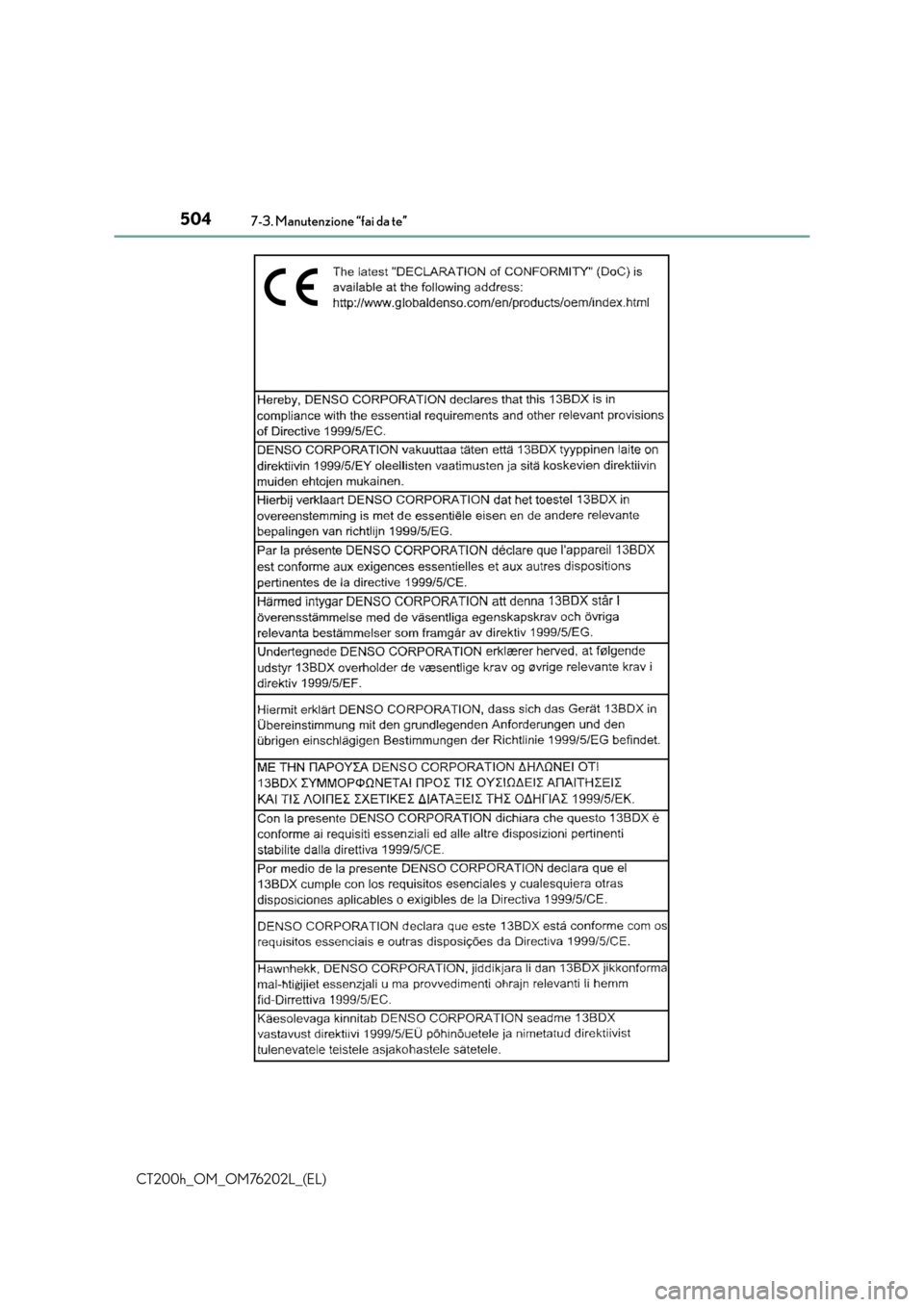 Lexus CT200h 2016  Manuale del proprietario (in Italian) 5047-3. Manutenzione “fai da te”
CT200h_OM_OM76202L_(EL) 