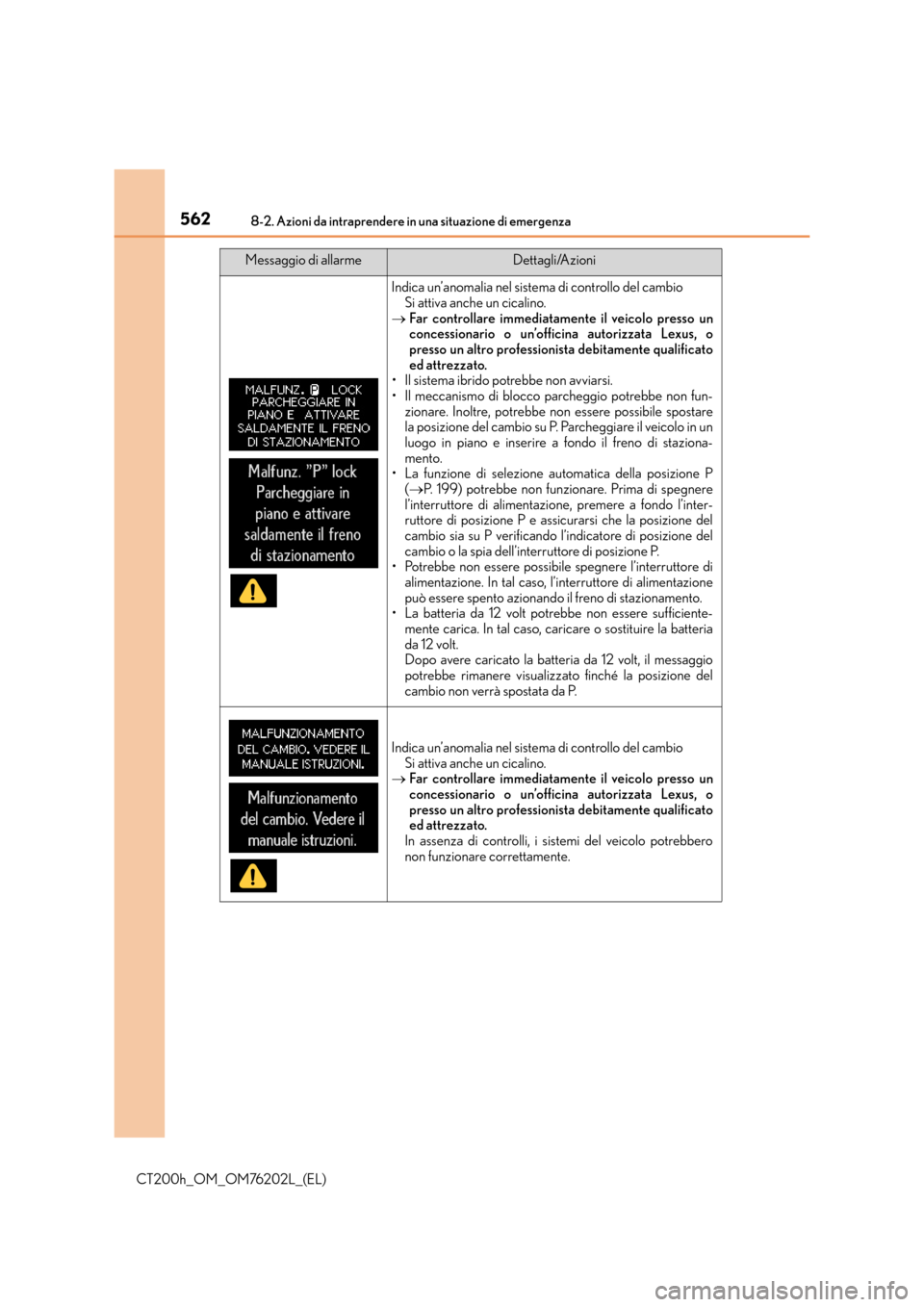 Lexus CT200h 2016 Manuale del proprietario (in Italian) 5628-2. Azioni da intraprendere in una situazione di emergenza
CT200h_OM_OM76202L_(EL)
Indica un’anomalia nel sistema di controllo del cambioSi attiva anche un cicalino.
→ Far controllare immediat Lexus CT200h 2016 Manuale del proprietario (in Italian) 5628-2. Azioni da intraprendere in una situazione di emergenza
CT200h_OM_OM76202L_(EL)
Indica un’anomalia nel sistema di controllo del cambioSi attiva anche un cicalino.
→ Far controllare immediat