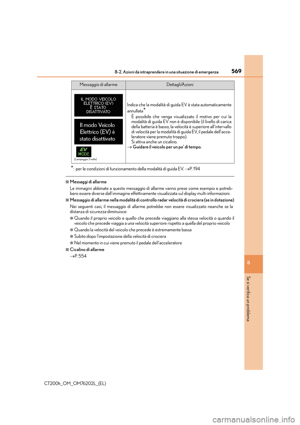 Lexus CT200h 2016 Manuale del proprietario (in Italian) 5698-2. Azioni da intraprendere in una situazione di emergenza
CT200h_OM_OM76202L_(EL)
8
Se si verifica un problema
*: per le condizioni di funzionamento della modalità di guida EV. →P. 1 9 4
■M Lexus CT200h 2016 Manuale del proprietario (in Italian) 5698-2. Azioni da intraprendere in una situazione di emergenza
CT200h_OM_OM76202L_(EL)
8
Se si verifica un problema
*: per le condizioni di funzionamento della modalità di guida EV. →P. 1 9 4
■M