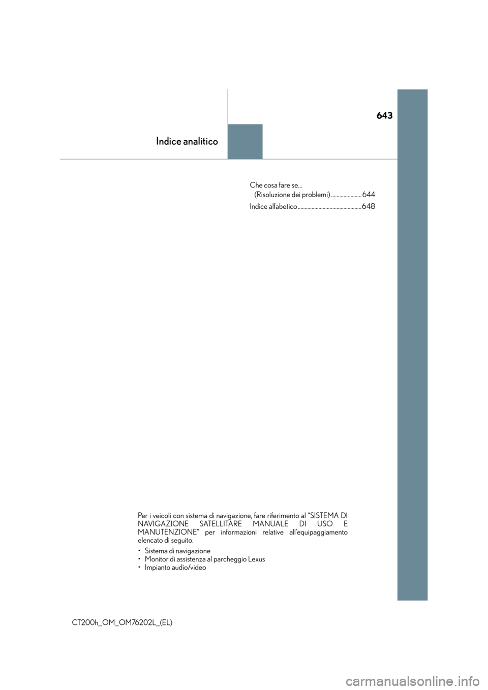 Lexus CT200h 2016  Manuale del proprietario (in Italian) 643
Indice analitico
CT200h_OM_OM76202L_(EL)Che cosa fare se... 
(Risoluzione dei problemi) ...................... 644
Indice alfabetico .............................................. 648
Per i veicol
