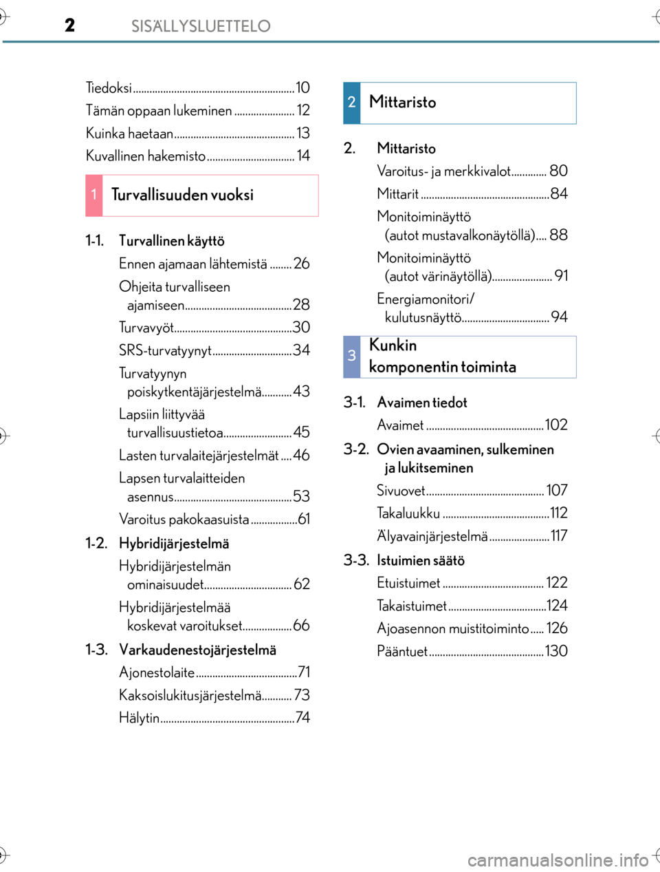 Lexus CT200h 2016  Omistajan käsikirja (in Finnish) SISÄLLYSLUETTELO2
OM76198FI
Tiedoksi ........................................................... 10
Tämän oppaan lukeminen ...................... 12
Kuinka haetaan..................................