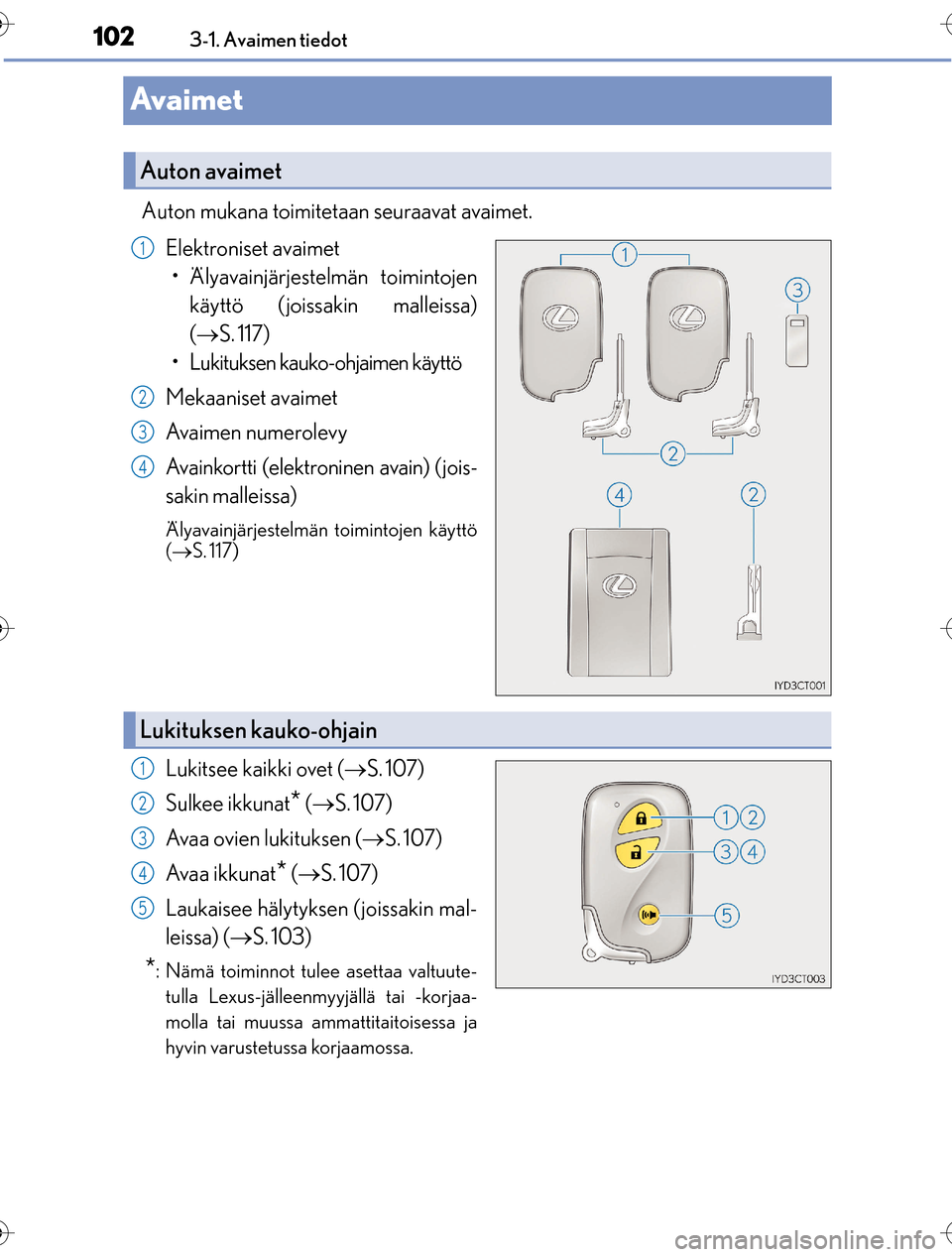 Lexus CT200h 2016  Omistajan käsikirja (in Finnish) 1023-1. Avaimen tiedot
OM76198FI
Ava i m e t
Auton mukana toimitetaan seuraavat avaimet. Elektroniset avaimet• Älyavainjärjestelmän toimintojen käyttö ( joissakin malleissa)
( S. 117)
• Lu
