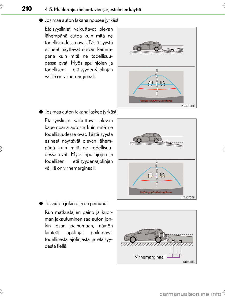 Lexus CT200h 2016  Omistajan käsikirja (in Finnish) 2104-5. Muiden ajoa helpottavien järjestelmien käyttö
OM76198FI
lJos maa auton takana nousee jyrkästi
Etäisyyslinjat vaikuttavat olevan
lähempänä autoa kuin mitä ne
todellisuudessa ovat. Täs