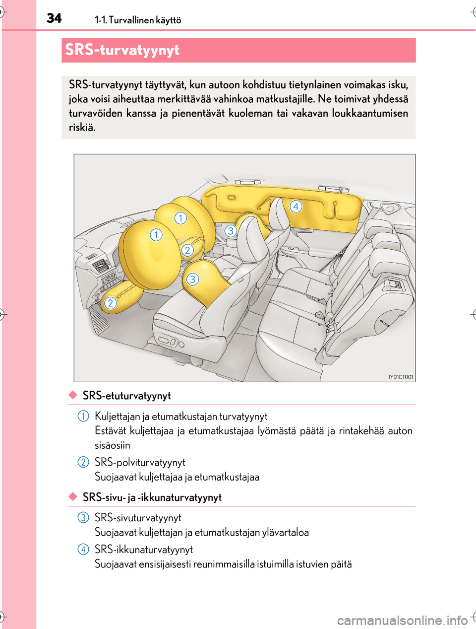 Lexus CT200h 2016  Omistajan käsikirja (in Finnish) 341-1. Turvallinen käyttö
OM76198FI
SRS-turvatyynyt
uSRS-etuturvatyynytKuljettajan ja etumatkustajan turvatyynyt
Estävät kuljettajaa ja etumatkustajaa  lyömästä päätä ja rintakehää auton
s