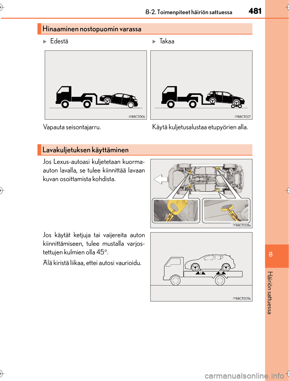Lexus CT200h 2016  Omistajan käsikirja (in Finnish) 4818-2. Toimenpiteet häiriön sattuessa
OM76198FI
8
Häiriön sattuessa
Jos Lexus-autoasi kuljetetaan kuorma-
auton lavalla, se tulee kiinnittää lavaan
kuvan osoittamista kohdista.
Jos käytät ket