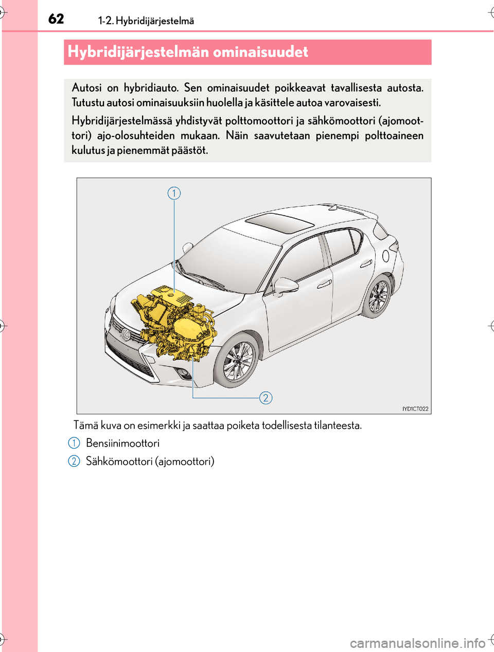 Lexus CT200h 2016  Omistajan käsikirja (in Finnish) 621-2. Hybridijärjestelmä
OM76198FI
Hybridijärjestelmän ominaisuudet
Tämä kuva on esimerkki ja saattaa poiketa todellisesta tilanteesta. Bensiinimoottori
Sähkömoottori (ajomoottori)
Autosi on 
