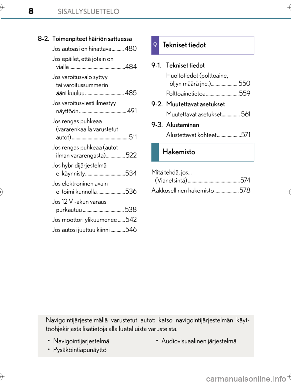 Lexus CT200h 2016  Omistajan käsikirja (in Finnish) SISÄLLYSLUETTELO8
OM76198FI
8-2. Toimenpiteet häiriön sattuessaJos autoasi on hinattava .......... 480
Jos epäilet, että jotain on vialla ..............................................484
Jos var