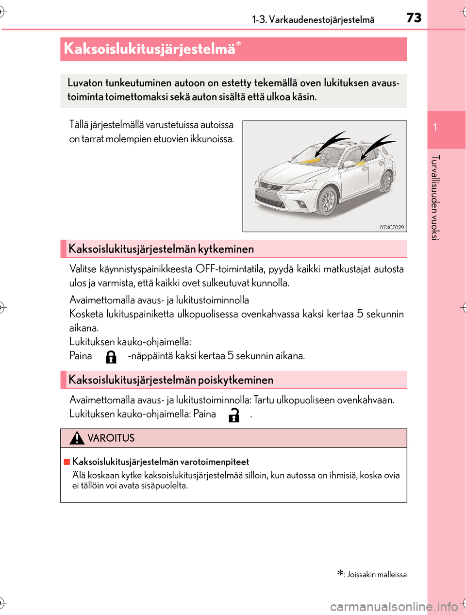 Lexus CT200h 2016  Omistajan käsikirja (in Finnish) 73
1
1-3. Varkaudenestojärjestelmä
OM76198FI
Turvallisuuden vuoksi
Kaksoislukitusjärjestelmä
Tällä järjestelmällä varustetuissa autoissa
on tarrat molempien etuovien ikkunoissa.
Valitse k