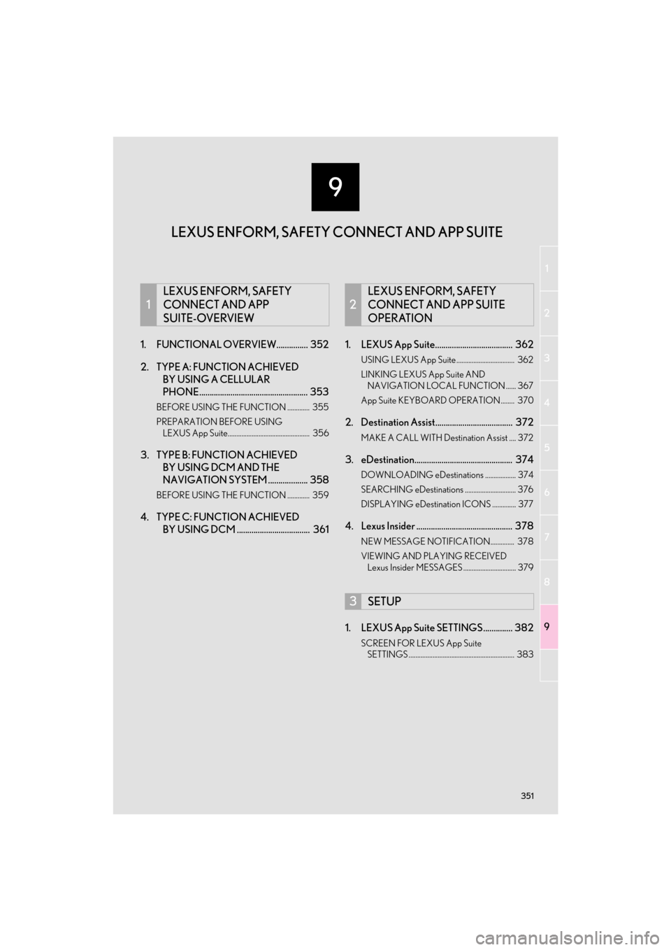 Lexus CT200h 2015 Navigation Manual (in English) 9
351
1
2
3
4
5
6
7
8
9
CT200h_Navi_OM76146U_(U)14.06.17 09:44
1. FUNCTIONAL OVERVIEW............... 352
2. TYPE A: FUNCTION ACHIEVED BY USING A CELLULAR
PHONE................................... Lexus CT200h 2015 Navigation Manual (in English) 9
351
1
2
3
4
5
6
7
8
9
CT200h_Navi_OM76146U_(U)14.06.17 09:44
1. FUNCTIONAL OVERVIEW............... 352
2. TYPE A: FUNCTION ACHIEVED BY USING A CELLULAR
PHONE...................................