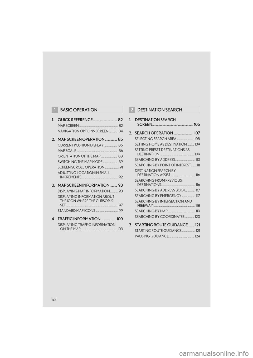 Lexus CT200h 2015  Navigation Manual (in English) 80
CT200h_Navi_OM76146U_(U)14.06.04     18:41
1. QUICK REFERENCE ..............................  82
MAP SCREEN............................................................. 82
NAVIGATION OPTIONS SCREEN