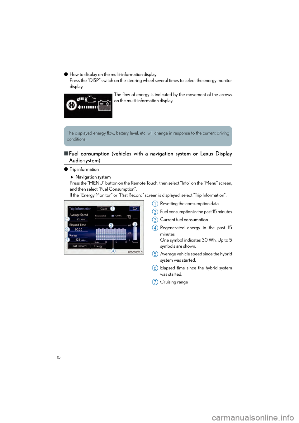 Lexus CT200h 2015 Quick Guide (in English) 15
CT200h_QG_OM76185U_(U)
●How to display on the multi-information display
Press the “DISP” switch on the steering wheel several times to select the energy monitor
display.
■Fuel consumption ( Lexus CT200h 2015 Quick Guide (in English) 15
CT200h_QG_OM76185U_(U)
●How to display on the multi-information display
Press the “DISP” switch on the steering wheel several times to select the energy monitor
display.
■Fuel consumption (