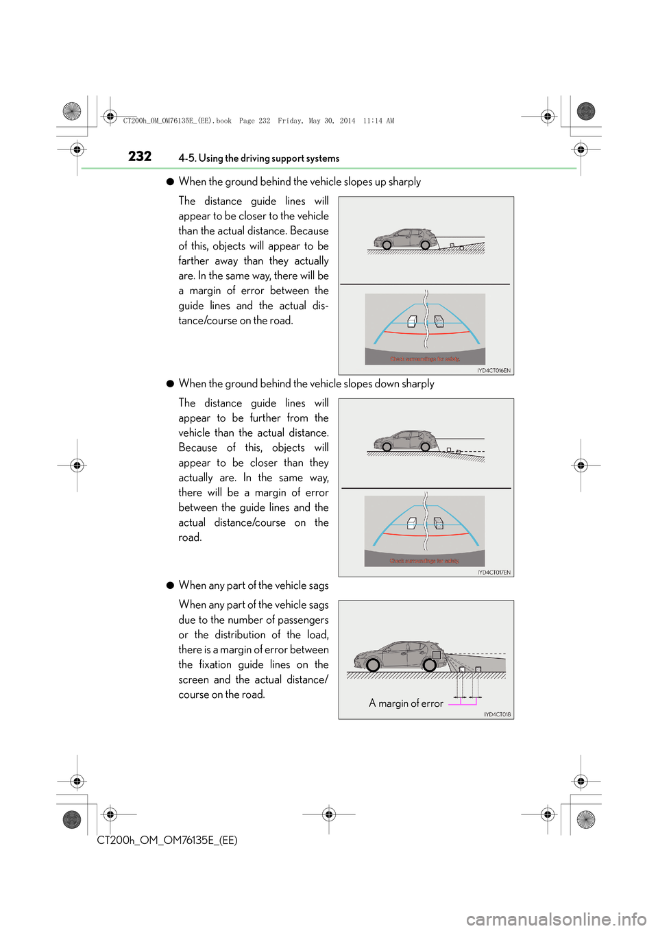 Lexus CT200h 2014  Owners Manual (in English) 2324-5. Using the driving support systems
CT200h_OM_OM76135E_(EE)
●When the ground behind the vehicle slopes up sharply
The distance guide lines will
appear to be closer to the vehicle
than the actu
