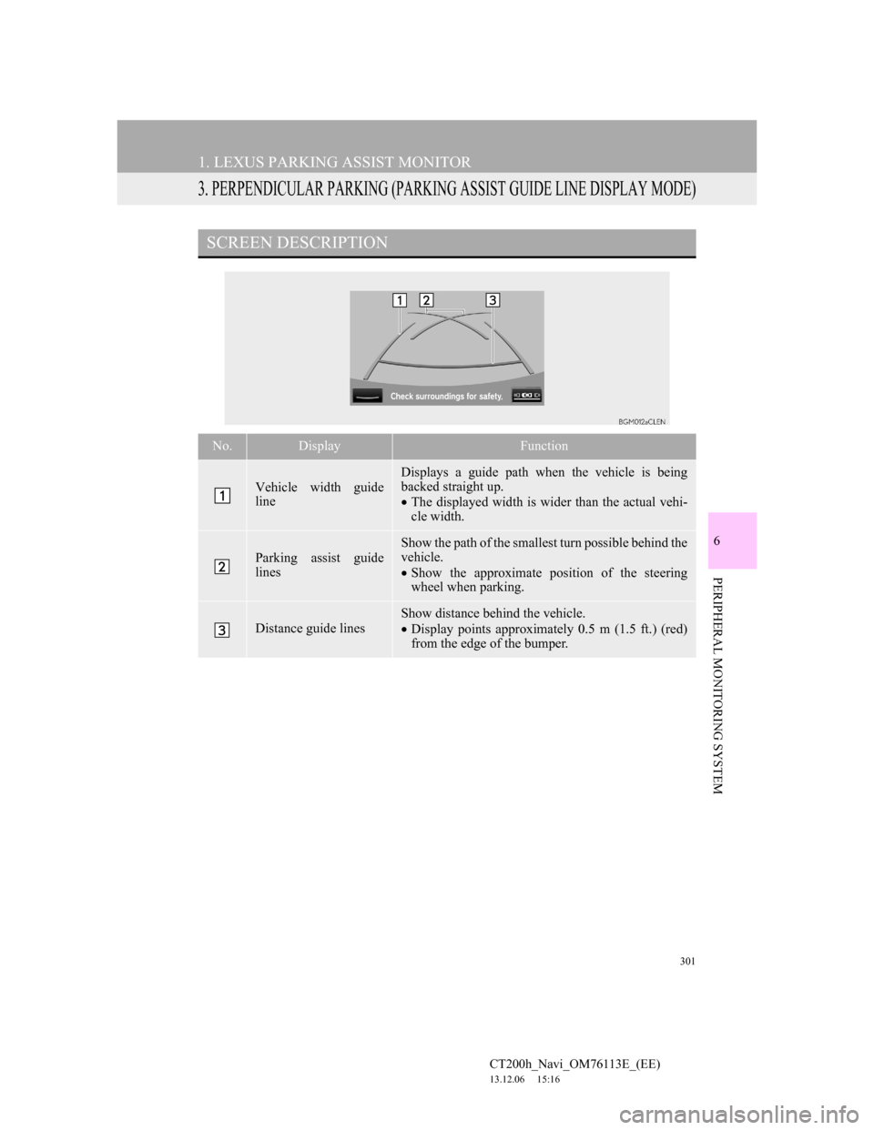 Lexus CT200h 2014  Navigation manual (in English) 301
1. LEXUS PARKING ASSIST MONITOR
CT200h_Navi_OM76113E_(EE)
13.12.06     15:16
6
PERIPHERAL MONITORING SYSTEM
3. PERPENDICULAR PARKING (PARKING ASSIST GUIDE LINE DISPLAY MODE)
SCREEN DESCRIPTION
No.