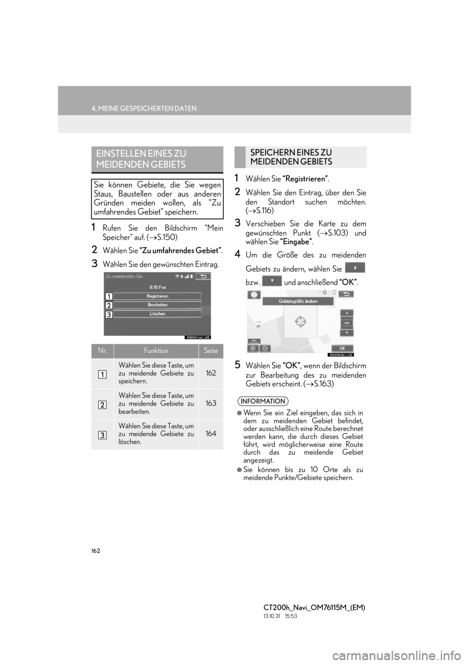 Lexus CT200h 2014 Navigation Handbuch (in German) 162
4. MEINE GESPEICHERTEN DATEN
CT200h_Navi_OM76115M_(EM)
13.10.31 15:53
1Rufen Sie den Bildschirm “Mein
Speicher” auf. (→S.150)
2Wählen Sie “Zu umfahrendes Gebiet” .
3Wählen Sie den Lexus CT200h 2014 Navigation Handbuch (in German) 162
4. MEINE GESPEICHERTEN DATEN
CT200h_Navi_OM76115M_(EM)
13.10.31 15:53
1Rufen Sie den Bildschirm “Mein
Speicher” auf. (→S.150)
2Wählen Sie “Zu umfahrendes Gebiet” .
3Wählen Sie den