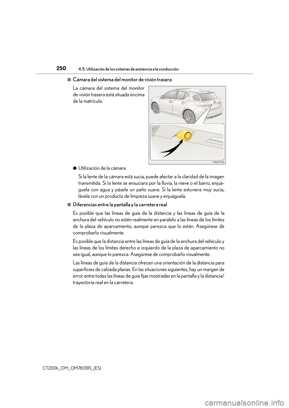 Lexus CT200h 2014  Manual del propietario (in Spanish) 2504-5. Utilización de los sistemas de asistencia a la conducción
CT200h_OM_OM76138S_(ES)■
Cámara del sistema del monitor de visión trasera
La cámara del sistema del monitor
de visión trasera 