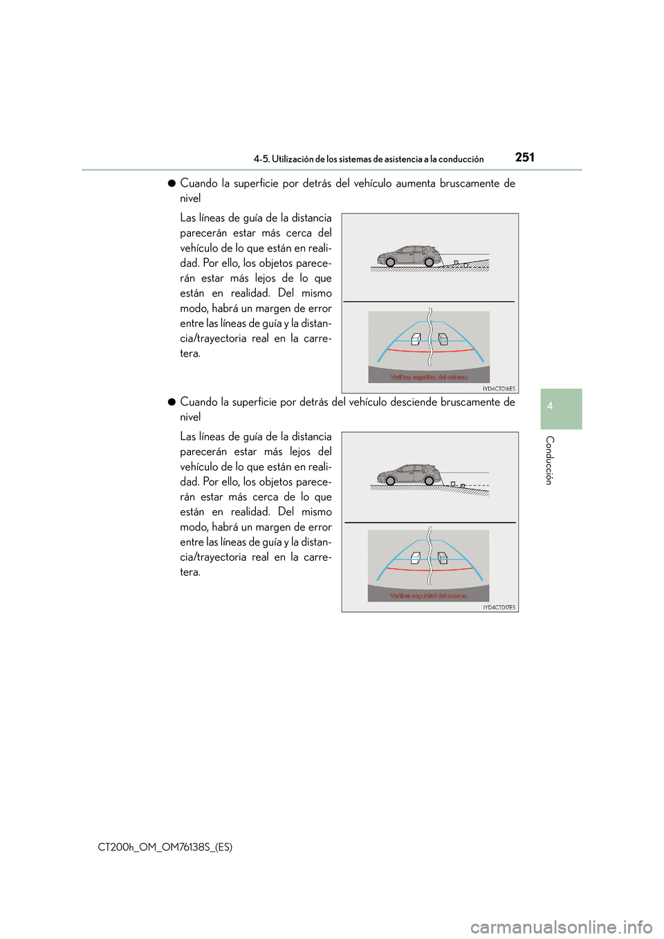 Lexus CT200h 2014  Manual del propietario (in Spanish) 2514-5. Utilización de los sistemas de asistencia a la conducción
4
Conducción
CT200h_OM_OM76138S_(ES)●
Cuando la superficie por detrás del vehículo aumenta bruscamente de
nivel
Las líneas de 