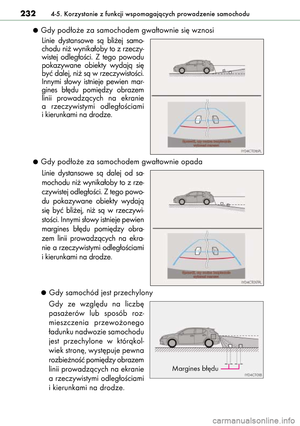 Lexus CT200h 2014 Instrukcja Obsługi (in Polish) Gdy pod∏o˝e za samochodem gwa∏townie si´ wznosi
Linie dystansowe sà bli˝ej samo-
chodu ni˝ wynika∏oby to z rzeczy-
wistej odleg∏oÊci. Z tego powodu
pokazywane obiekty wydajà s Lexus CT200h 2014 Instrukcja Obsługi (in Polish) Gdy pod∏o˝e za samochodem gwa∏townie si´ wznosi
Linie dystansowe sà bli˝ej samo-
chodu ni˝ wynika∏oby to z rzeczy-
wistej odleg∏oÊci. Z tego powodu
pokazywane obiekty wydajà s