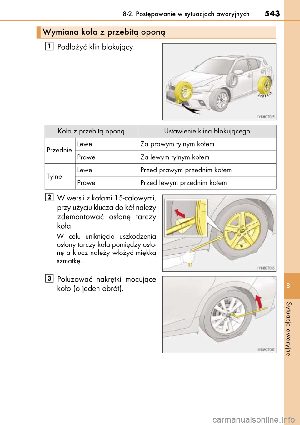 Lexus CT200h 2014  Instrukcja Obsługi (in Polish) Pod∏o˝yç klin blokujàcy.
W wersji z ko∏ami 15-calowymi,
przy u˝yciu klucza do kó∏ nale˝y
zdemontowaç  os∏on´  tarczy
ko∏a.
W celu  unikni´cia  uszkodzenia
os∏ony tarczy ko∏a pom