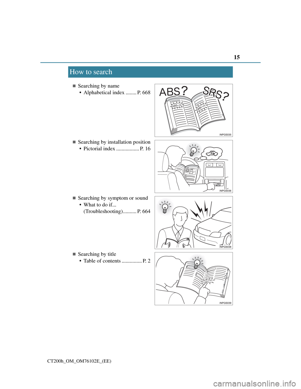 Lexus CT200h 2013  Owners Manual (in English) 15
CT200h_OM_OM76102E_(EE)
How to search
Searching by name
• Alphabetical index ........ P. 668
Searching by installation position
• Pictorial index ................. P. 16
Searching by s