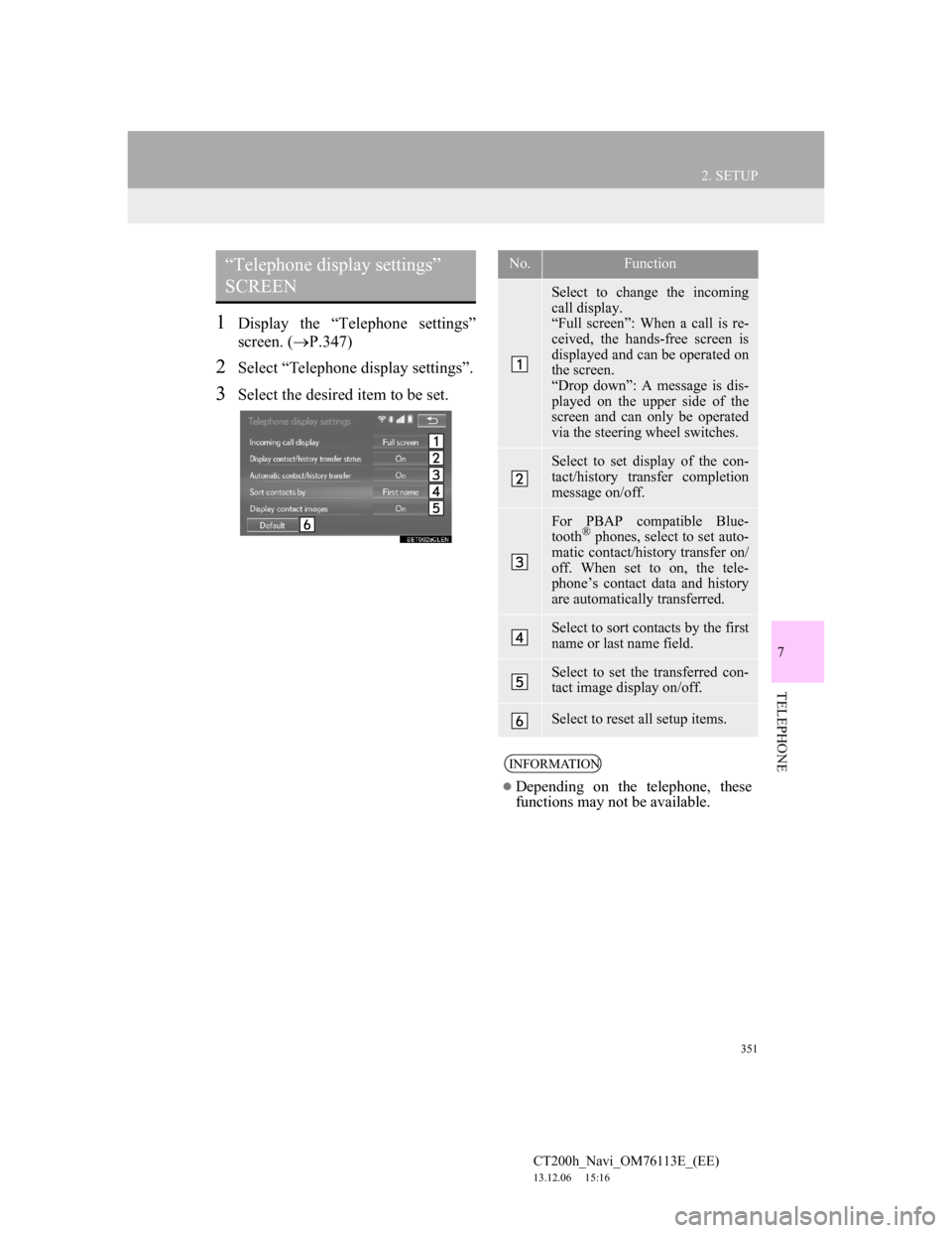 Lexus CT200h 2013  Navigation Manual (in English) 351
2. SETUP
7
TELEPHONE
CT200h_Navi_OM76113E_(EE)
13.12.06     15:16
1Display the “Telephone settings”
screen. (P.347)
2Select “Telephone display settings”.
3Select the desired item to be 