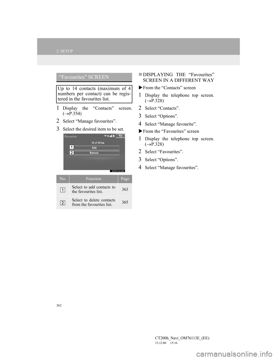 Lexus CT200h 2013  Navigation Manual (in English) 362
2. SETUP
CT200h_Navi_OM76113E_(EE)
13.12.06     15:16
1Display the “Contacts” screen.
(P.354)
2Select “Manage favourites”.
3Select the desired item to be set.
DISPLAYING THE “Favou