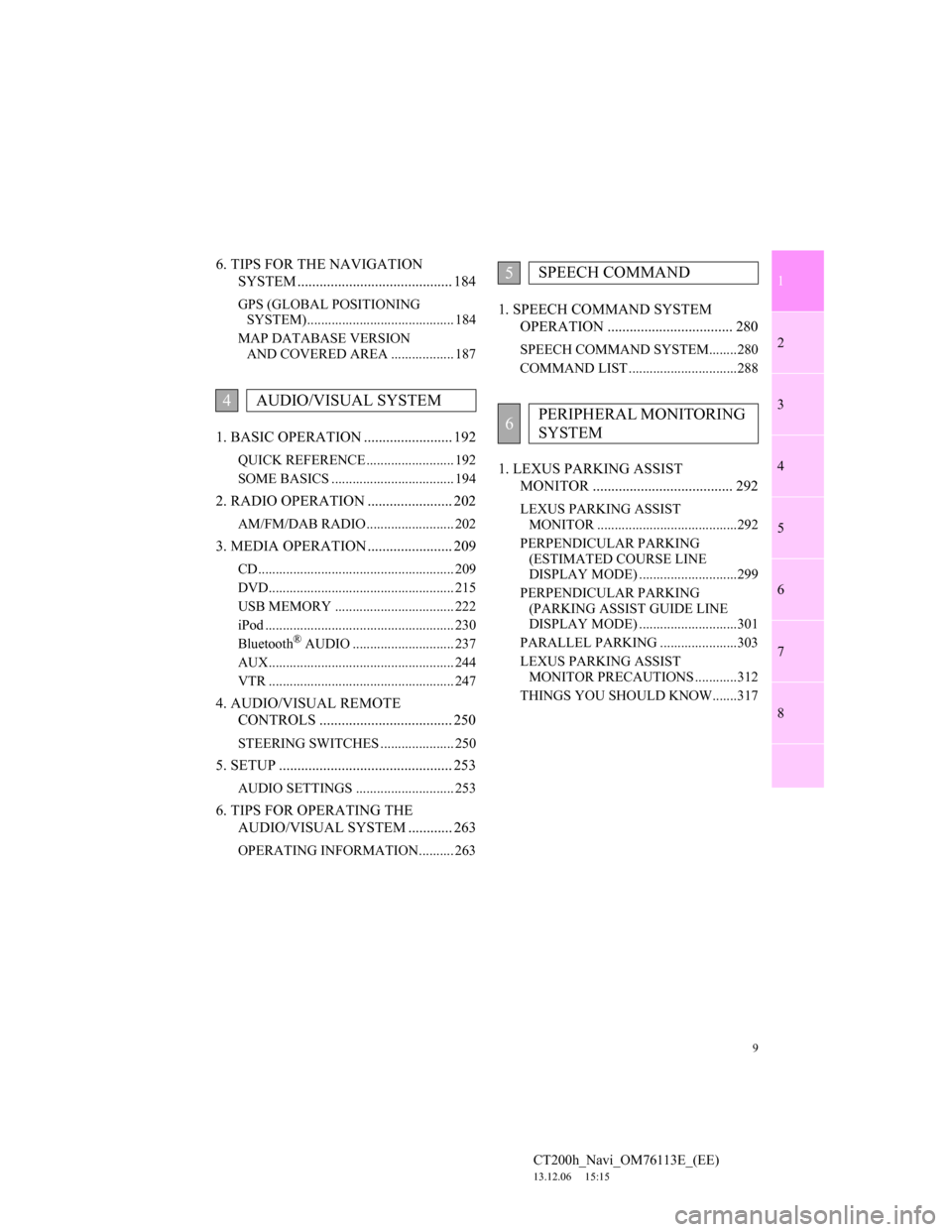 Lexus CT200h 2013 Navigation Manual (in English) 1
2
3
4
5
6
7
9
CT200h_Navi_OM76113E_(EE)
13.12.06 15:15
8
6. TIPS FOR THE NAVIGATION
SYSTEM .......................................... 184
GPS (GLOBAL POSITIONING
SYSTEM)....................... Lexus CT200h 2013 Navigation Manual (in English) 1
2
3
4
5
6
7
9
CT200h_Navi_OM76113E_(EE)
13.12.06 15:15
8
6. TIPS FOR THE NAVIGATION
SYSTEM .......................................... 184
GPS (GLOBAL POSITIONING
SYSTEM).......................