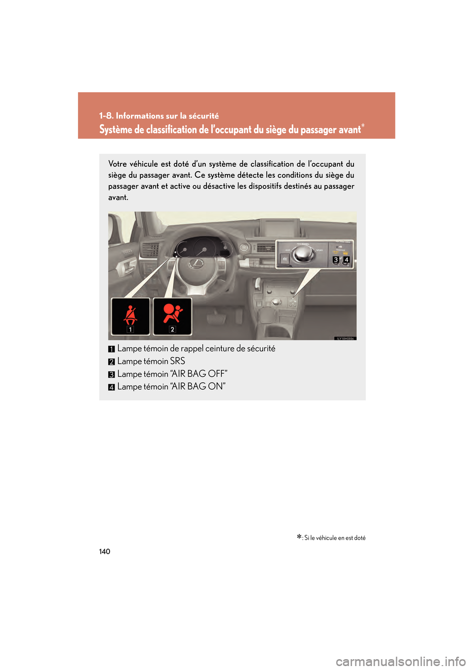 Lexus CT200h 2013  Manuel du propriétaire (in French) 140
1-8. Informations sur la sécurité
CT200h_OM_OM76066D_(D)
Système de classification de l’occupant du siège du passager avant∗
∗: Si le véhicule en est doté
Votre véhicule est doté d
