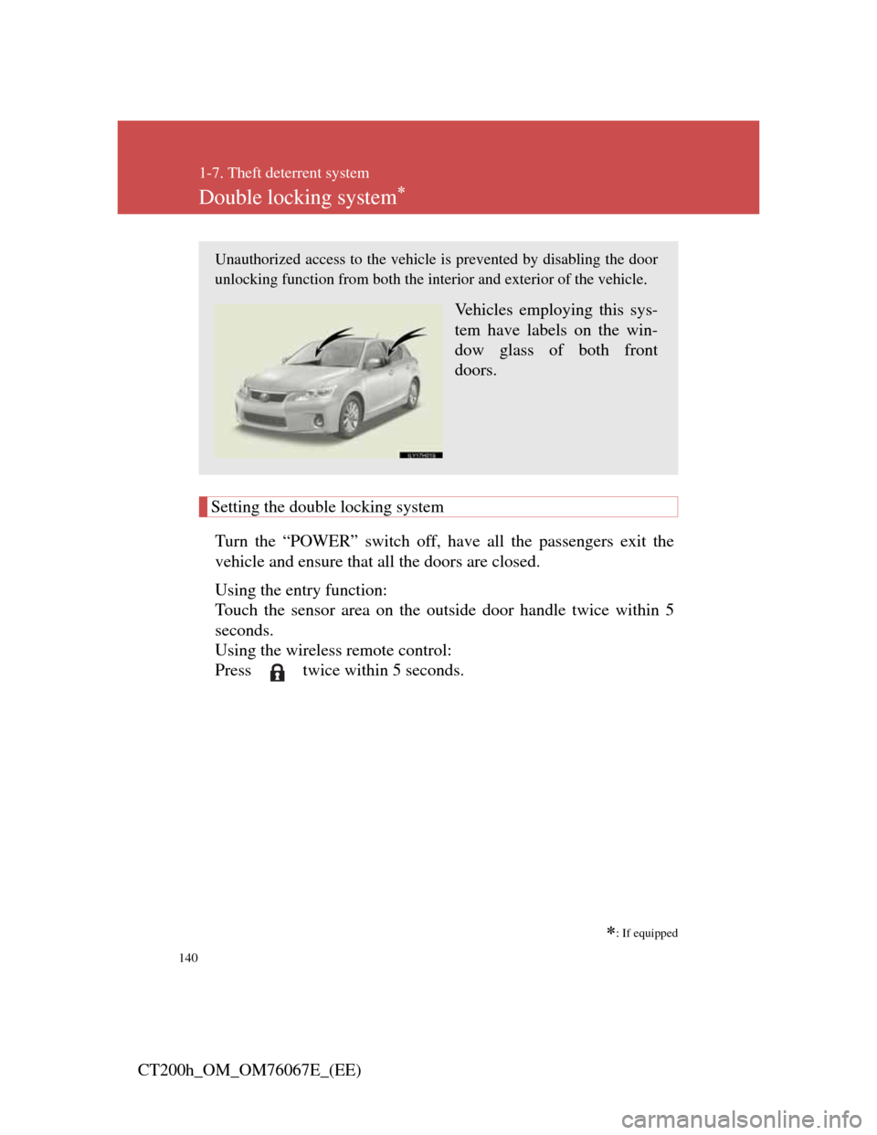 Lexus CT200h 2012  Owners Manual (in English) 140
1-7. Theft deterrent system
CT200h_OM_OM76067E_(EE)
Double locking system
Setting the double locking system
Turn the “POWER” switch off, have all the passengers exit the
vehicle and ensure 