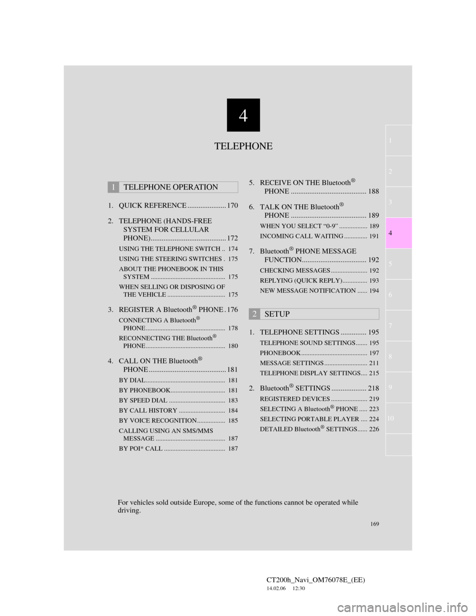 Lexus CT200h 2012  Navigation Manual (in English) 169
1
2
3
4
5
6
7
4
CT200h_Navi_OM76078E_(EE)
14.02.06     12:30
8
9
10
1. QUICK REFERENCE ..................... 170
2. TELEPHONE (HANDS-FREE 
SYSTEM FOR CELLULAR 
PHONE)..............................