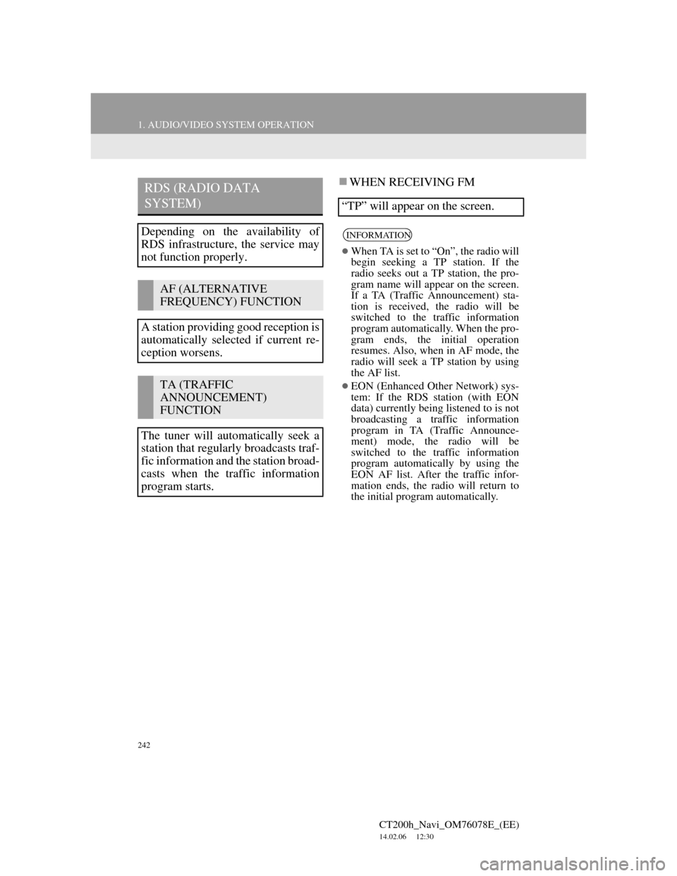 Lexus CT200h 2012 Navigation Manual (in English) 242
1. AUDIO/VIDEO SYSTEM OPERATION
CT200h_Navi_OM76078E_(EE)
14.02.06 12:30
WHEN RECEIVING FMRDS (RADIO DATA
SYSTEM)
Depending on the availability of
RDS infrastructure, the service may
not f Lexus CT200h 2012 Navigation Manual (in English) 242
1. AUDIO/VIDEO SYSTEM OPERATION
CT200h_Navi_OM76078E_(EE)
14.02.06 12:30
WHEN RECEIVING FMRDS (RADIO DATA
SYSTEM)
Depending on the availability of
RDS infrastructure, the service may
not f