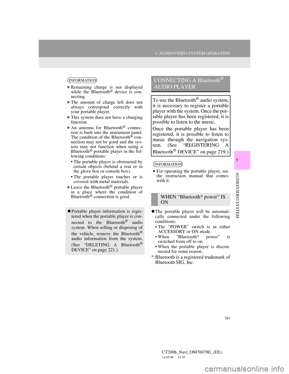 Lexus CT200h 2012 Navigation Manual (in English) 281
1. AUDIO/VIDEO SYSTEM OPERATION
5
AUDIO/VIDEO SYSTEM
CT200h_Navi_OM76078E_(EE)
14.02.06 12:30
The portable player will be automati-
cally connected under the following
conditions:
• The Lexus CT200h 2012 Navigation Manual (in English) 281
1. AUDIO/VIDEO SYSTEM OPERATION
5
AUDIO/VIDEO SYSTEM
CT200h_Navi_OM76078E_(EE)
14.02.06 12:30
The portable player will be automati-
cally connected under the following
conditions:
• The