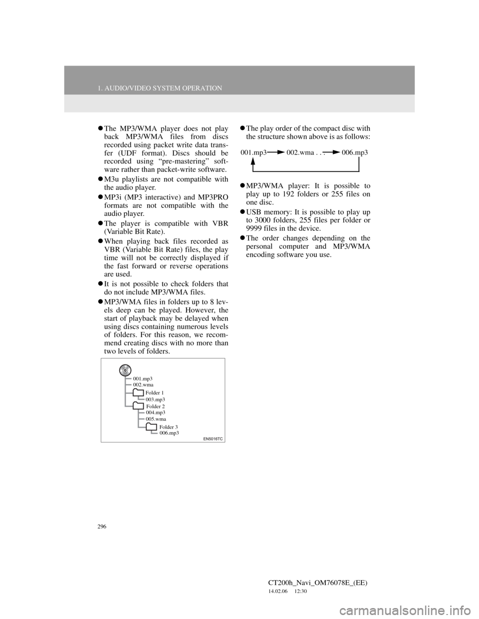 Lexus CT200h 2012  Navigation Manual (in English) 296
1. AUDIO/VIDEO SYSTEM OPERATION
CT200h_Navi_OM76078E_(EE)
14.02.06     12:30
The MP3/WMA player does not play
back MP3/WMA files from discs
recorded using packet write data trans-
fer (UDF form