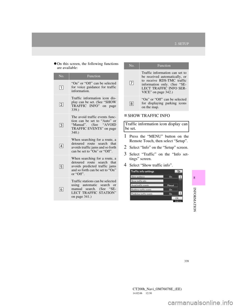 Lexus CT200h 2012  Navigation Manual (in English) 339
2. SETUP
CT200h_Navi_OM76078E_(EE)
14.02.06     12:30
8
INFORMATION
On this screen, the following functions
are available:
SHOW TRAFFIC INFO
1Press the “MENU” button on the
Remote Touch,
