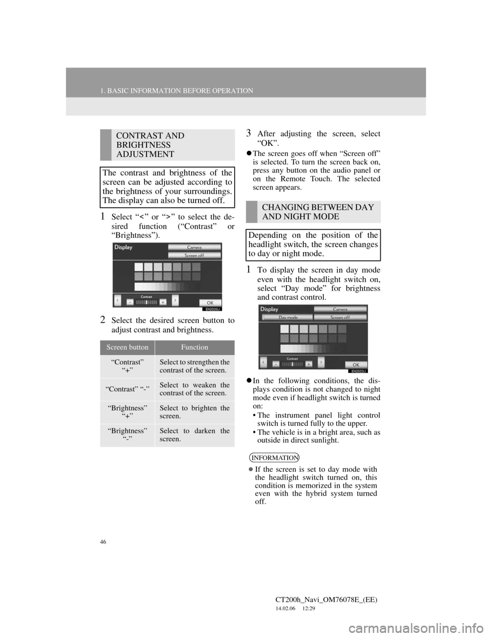 Lexus CT200h 2012  Navigation Manual (in English) 46
1. BASIC INFORMATION BEFORE OPERATION
CT200h_Navi_OM76078E_(EE)
14.02.06     12:29
1Select “ ” or “ ” to select the de-
sired function (“Contrast” or
“Brightness”).
2Select the desi