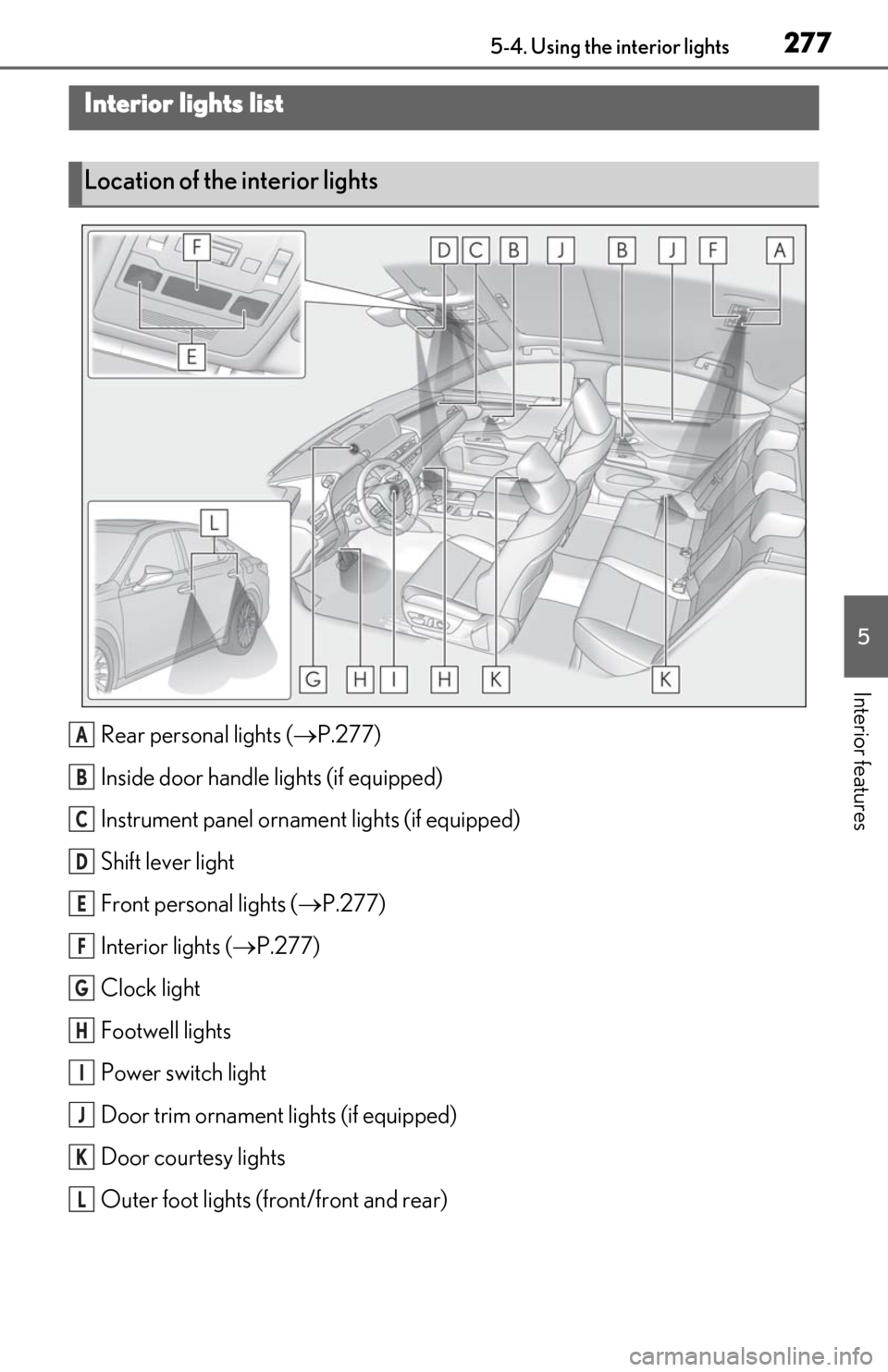 Lexus ES300h 2020  Owners Manual 2775-4. Using the interior lights
5
Interior features
5-4.Using the interior lights
Rear personal lights (P.277)
Inside door handle lights (if equipped)
Instrument panel orname nt lights (if equipp