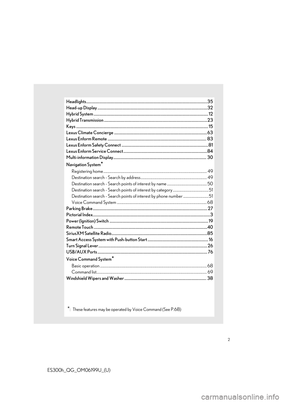 Lexus ES300h 2020 Owners Manual Quick Guide (OM06199U) 2
ES300h_QG_OM06199U_(U)
Headlights..................................................................................................................................35
Head-up Display ................ Lexus ES300h 2020 Owners Manual Quick Guide (OM06199U) 2
ES300h_QG_OM06199U_(U)
Headlights..................................................................................................................................35
Head-up Display ................