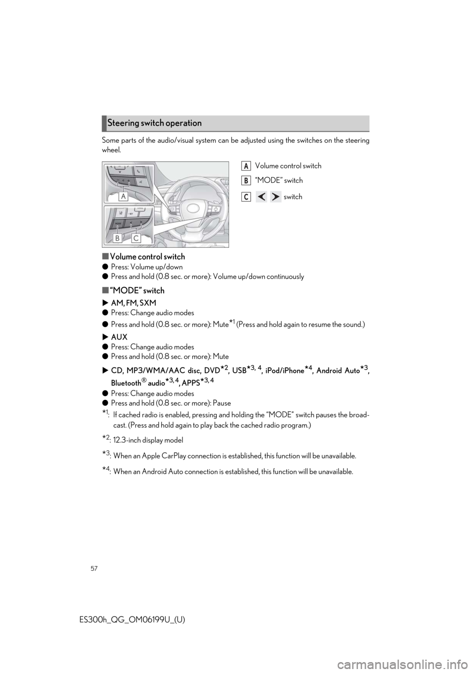 Lexus ES300h 2020  Owners Manual Quick Guide (OM06199U) 57
ES300h_QG_OM06199U_(U)
Some parts of the audio/visual system can be adjusted using the switches on the steering
wheel.
Volume control switch
“MODE” switch
  switch
■Volume control switch
●P
