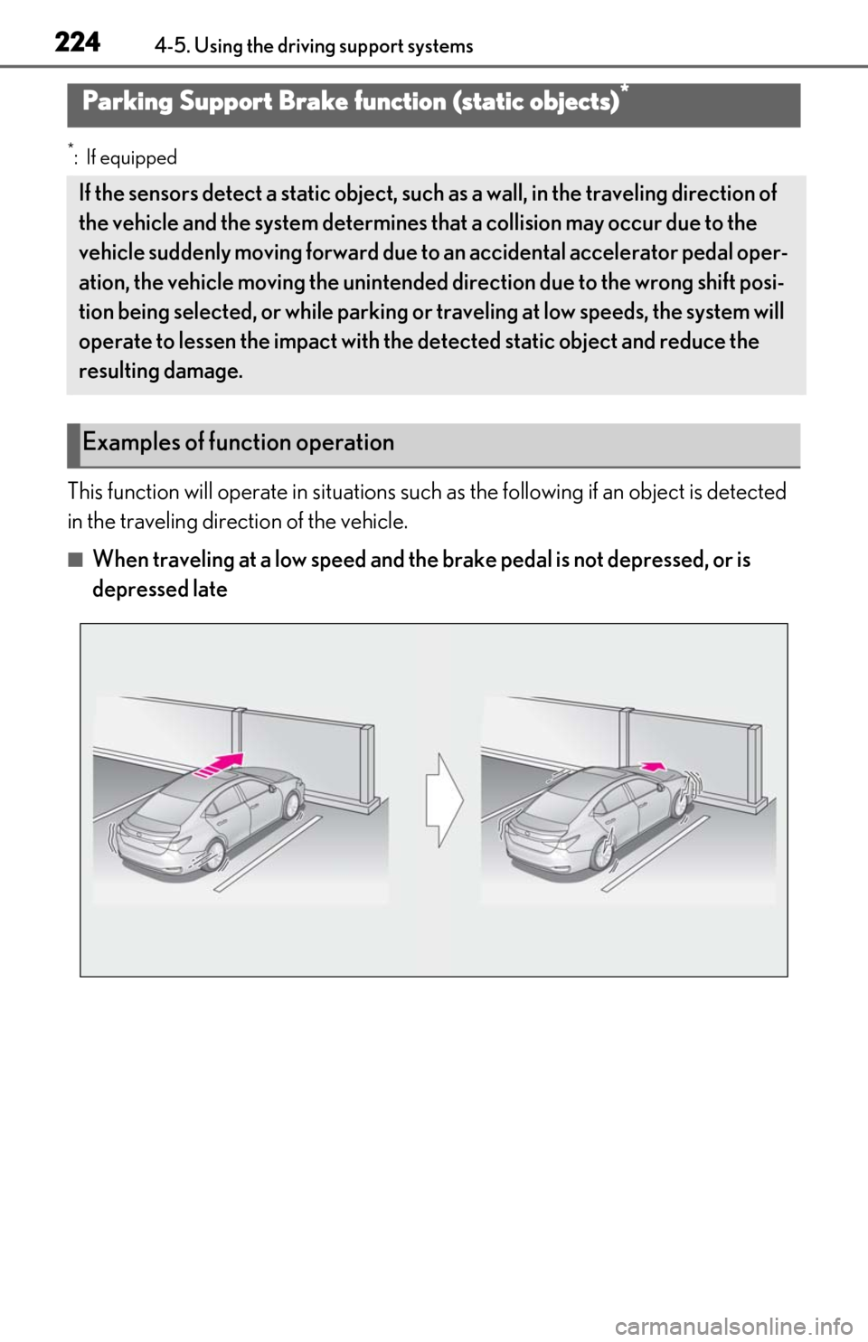 Lexus ES300h 2019  Owners Manual (OM06178U) 2244-5. Using the driving support systems
*:If equipped
This function will operate in situations such as the following if an object is detected 
in the traveling direction of the vehicle.
■When trav