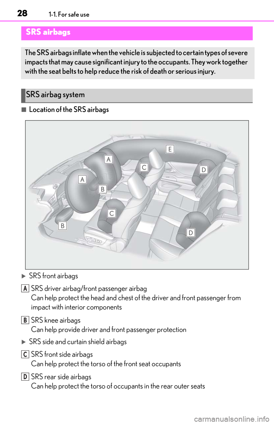 Lexus ES300h 2019  Owners Manual (OM06178U) 281-1. For safe use
■Location of the SRS airbags
SRS front airbagsSRS driver airbag/front passenger airbag
Can help protect the head and chest of  the driver and front passenger from 
impact with