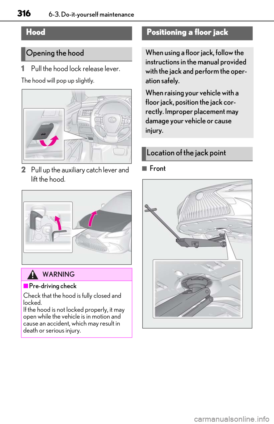 Lexus ES300h 2019  Owners Manual (OM06178U) 3166-3. Do-it-yourself maintenance
1Pull the hood lock release lever.
The hood will pop up slightly.
2Pull up the auxiliary catch lever and 
lift the hood.■Front
Hood
Opening the hood
WARNING
■Pre