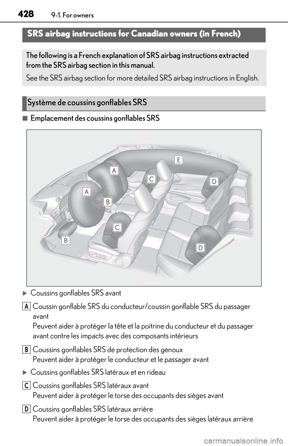 Lexus ES300h 2019  Owners Manual (OM06178U) 4289-1. For owners
■Emplacement des coussins gonflables SRS
Coussins gonflables SRS avant
Coussin gonflable SRS du conducteur /coussin gonflable SRS du passager 
avant
Peuvent aider à protéger 