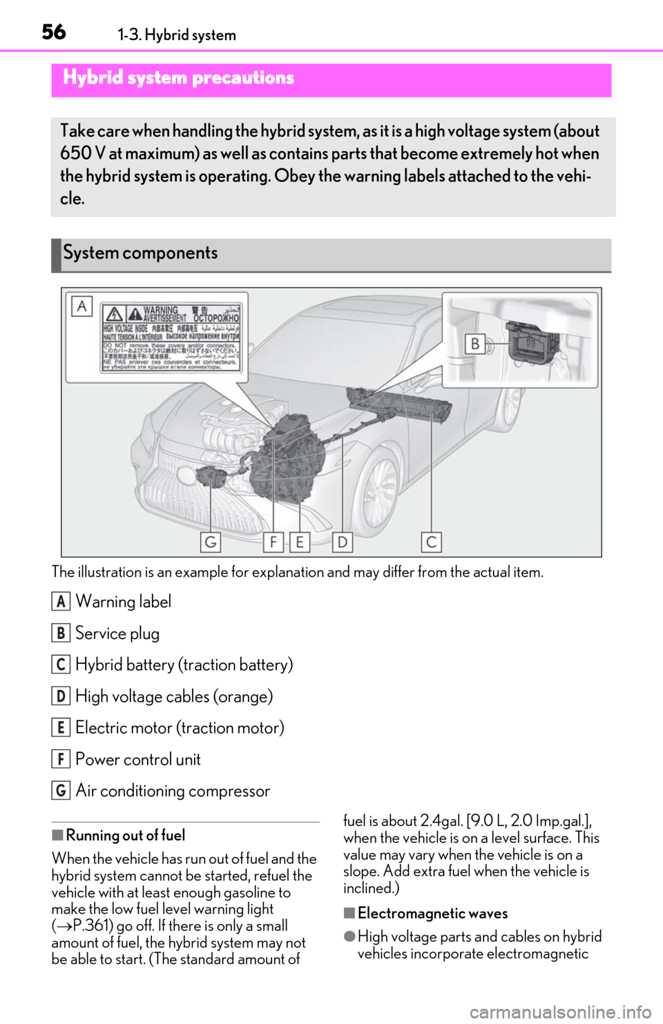 Lexus ES300h 2019  Owners Manual (OM06178U) 561-3. Hybrid system
The illustration is an example for explanation and may differ from the actual item.
Warning label
Service plug
Hybrid battery (traction battery)
High voltage cables (orange)
Elect