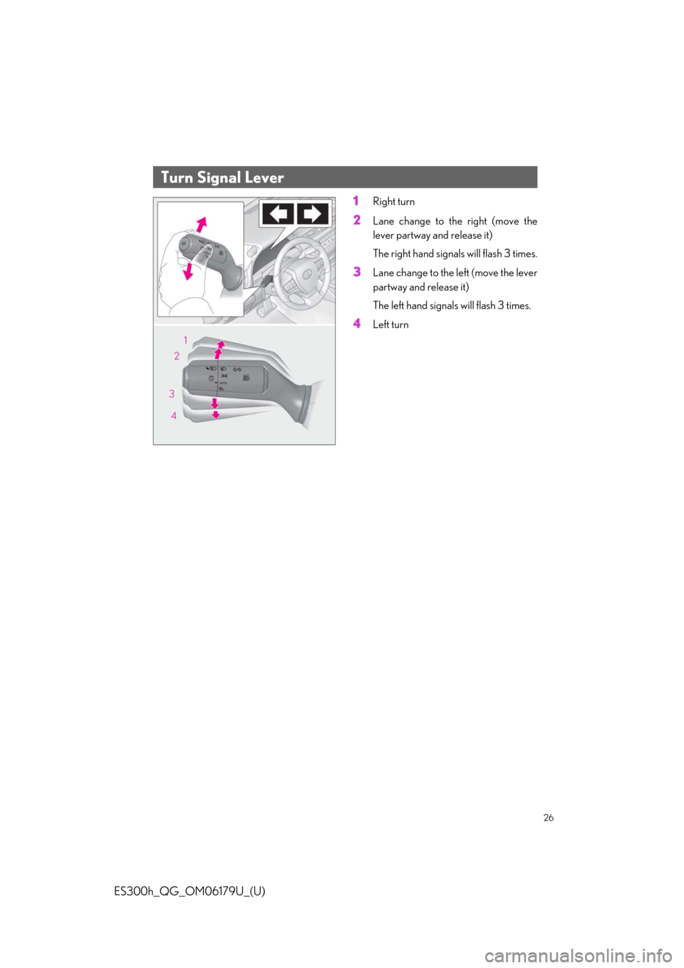 Lexus ES300h 2019  Owners Manual Quick Guide (OM06179U) 26
ES300h_QG_OM06179U_(U)
1Right turn
2Lane change to the right (move the
lever partway and release it)
The right hand signals will flash 3 times.
3Lane change to the left (move the lever
partway and 