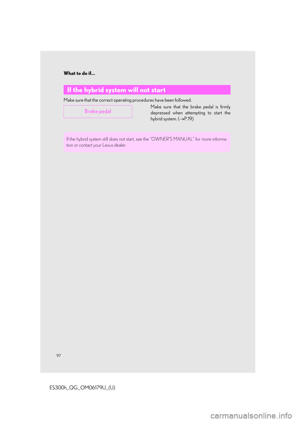 Lexus ES300h 2019  Owners Manual Quick Guide (OM06179U) What to do if...
97
ES300h_QG_OM06179U_(U)
Make sure that the correct operating procedures have been followed.
Make sure that the brake pedal is firmly
depressed when attempting to start the
hybrid sy